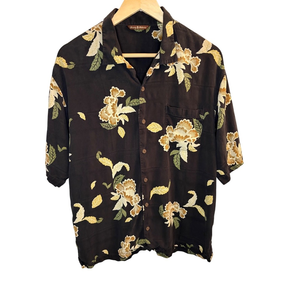 Tommy Bahama Mens Silk Floral Camp Shirt Brown Short Sleeve Button Down Large